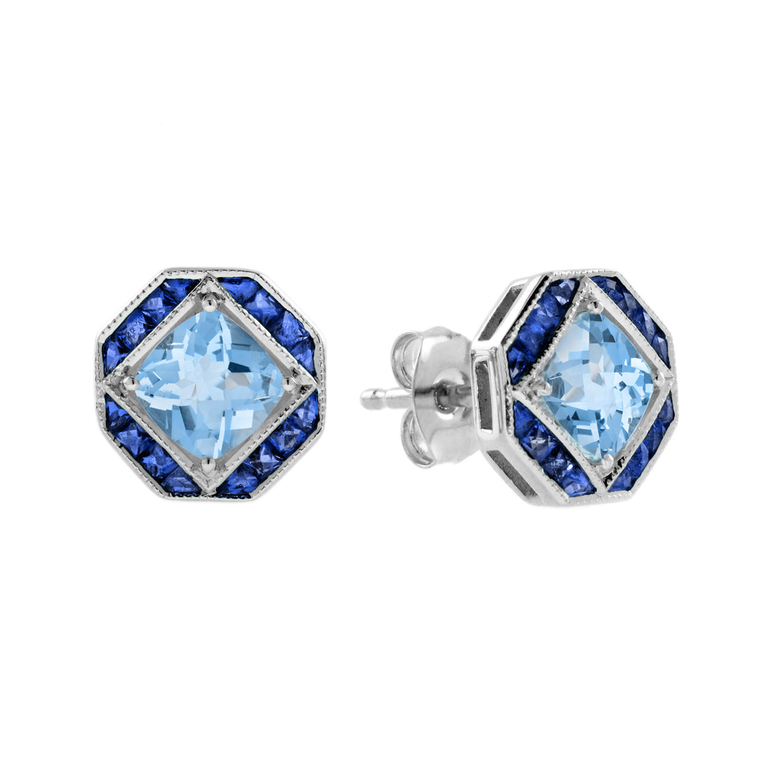 Cushion Blue Topaz & Blue Sapphire Art Deco Style 14K White Gold Stud Earrings