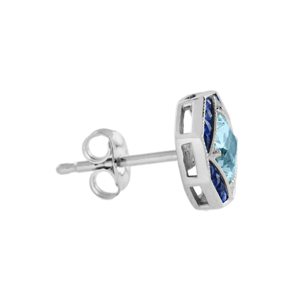 Cushion Blue Topaz & Blue Sapphire Art Deco Style 14K White Gold Stud Earrings