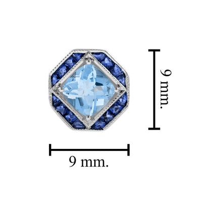 Cushion Blue Topaz & Blue Sapphire Art Deco Style 14K White Gold Stud Earrings