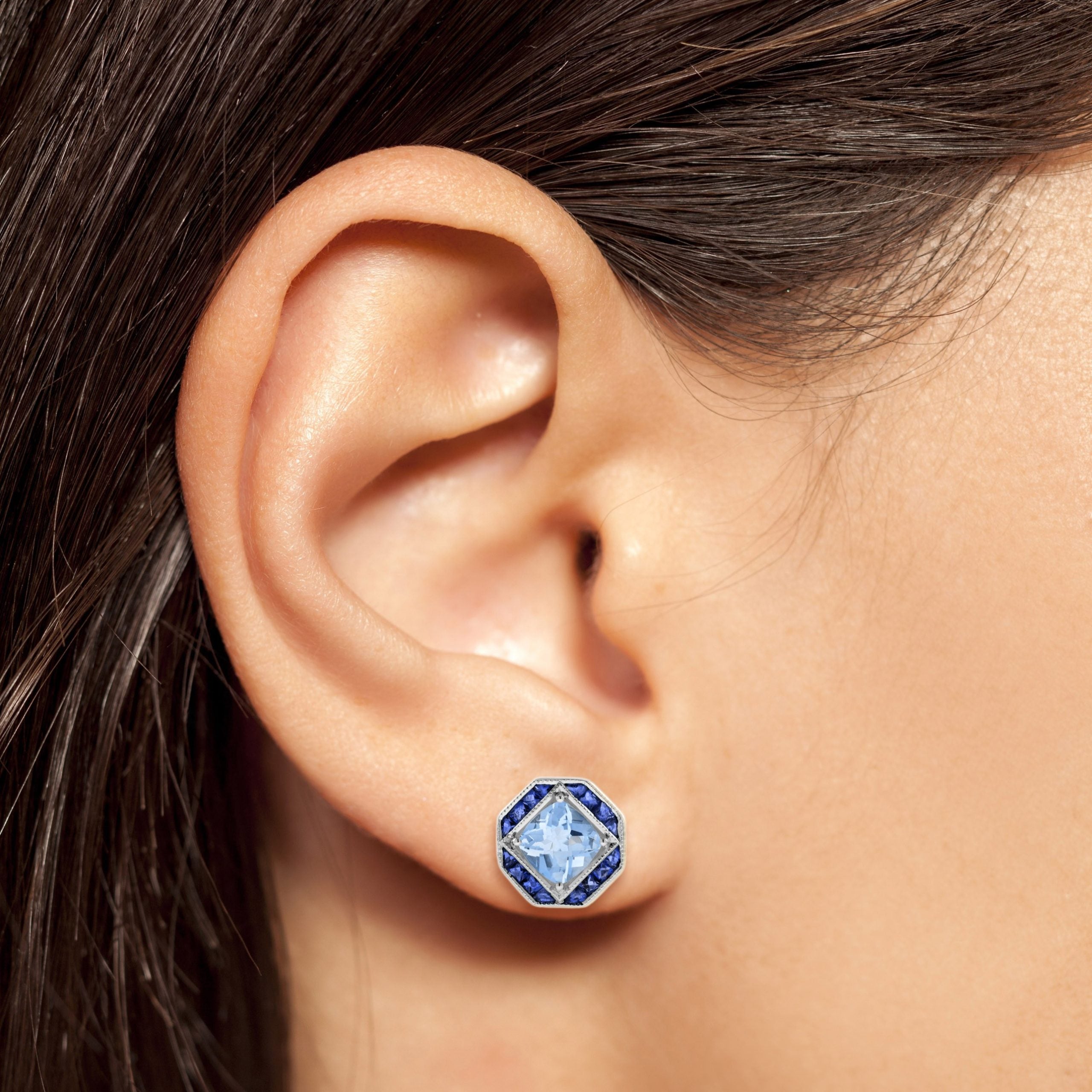 Cushion Blue Topaz &amp; Blue Sapphire Art Deco Style 14K White Gold Stud Earrings