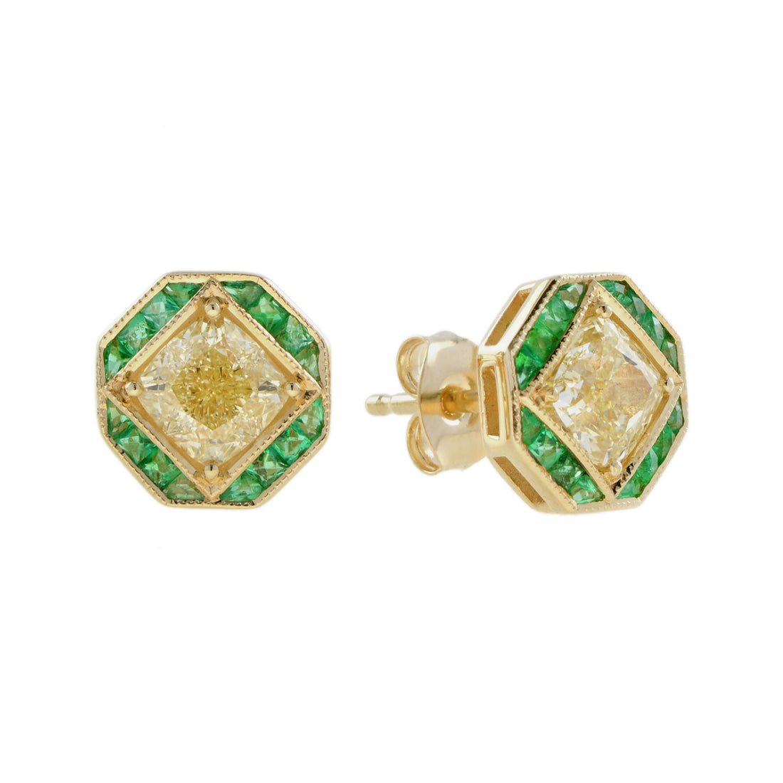 GIA Cushion Diamond &amp; Green Emerald Art Deco Style Stud 18K Yellow Gold Earrings