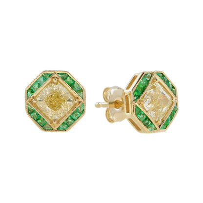 GIA Cushion Diamond &amp; Green Emerald Art Deco Style Stud 18K Yellow Gold Earrings