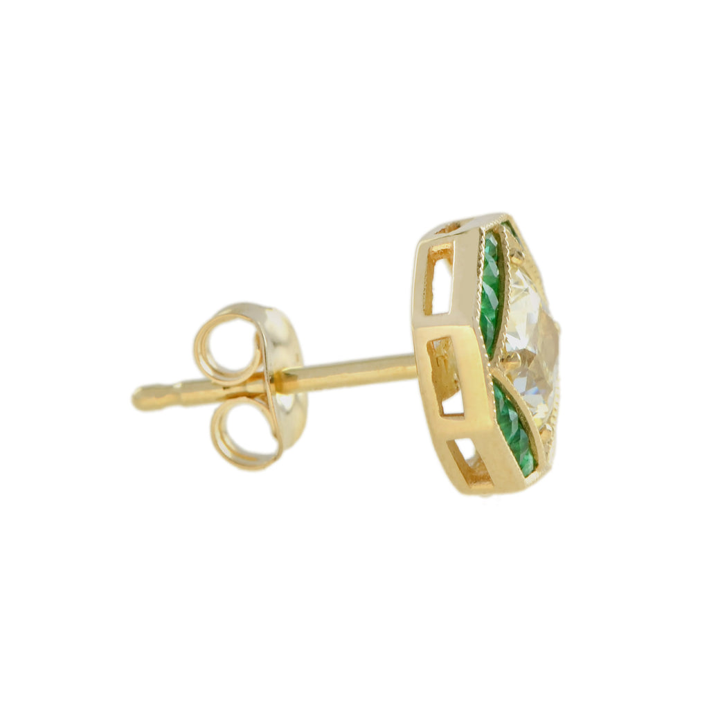 GIA Cushion Diamond & Green Emerald Art Deco Style Stud 18K Yellow Gold Earrings