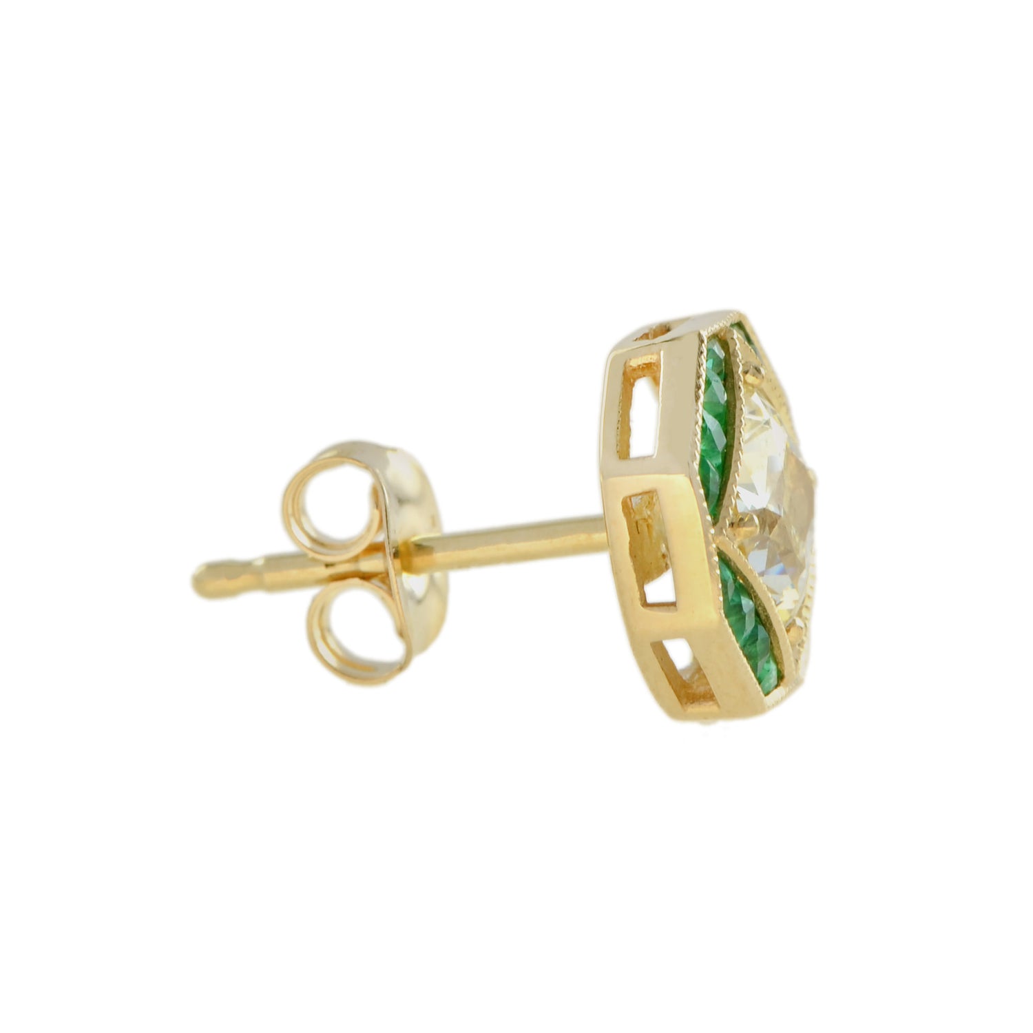 GIA Cushion Diamond &amp; Green Emerald Art Deco Style Stud 18K Yellow Gold Earrings