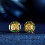 GIA Cushion Diamond & Green Emerald Art Deco Style Stud 18K Yellow Gold Earrings