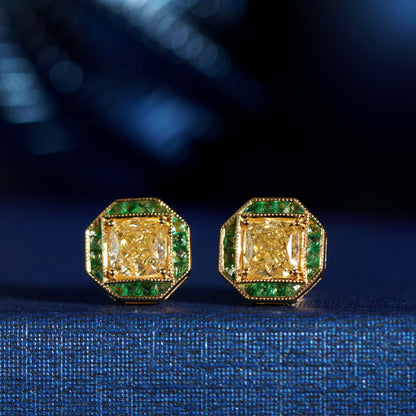 GIA Cushion Diamond &amp; Green Emerald Art Deco Style Stud 18K Yellow Gold Earrings