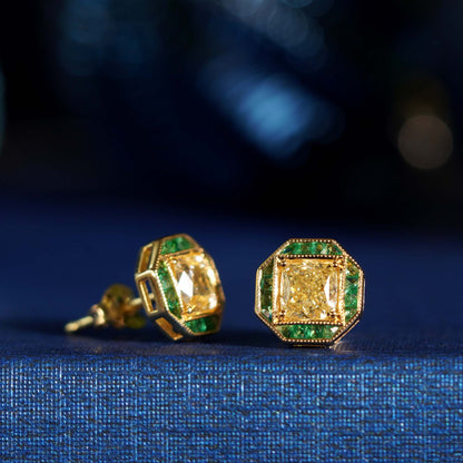 GIA Cushion Diamond &amp; Green Emerald Art Deco Style Stud 18K Yellow Gold Earrings