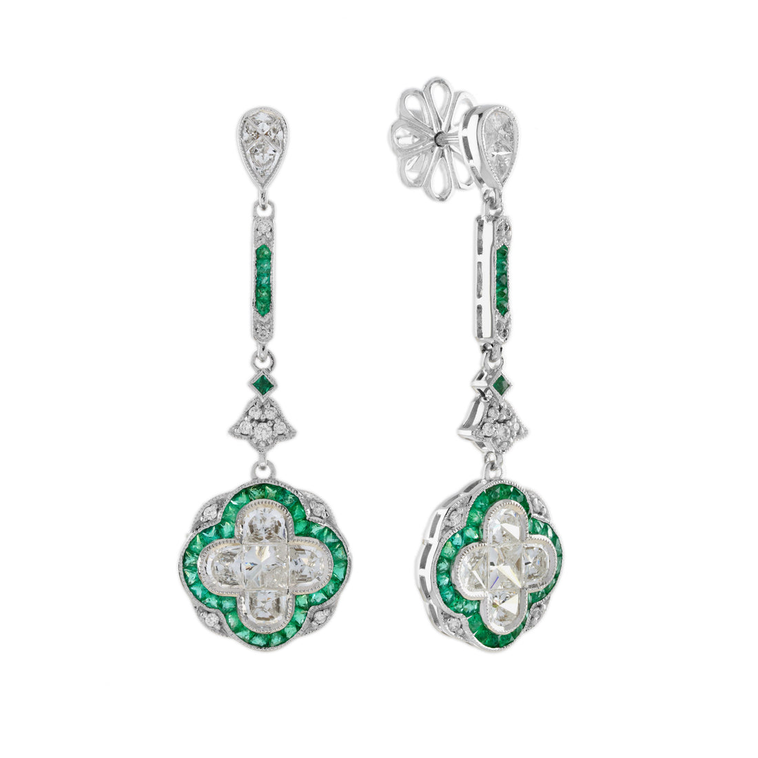 Diamond &amp; Green Emerald Art Deco Style Lily Shape Drop Dangle Gold Earrings