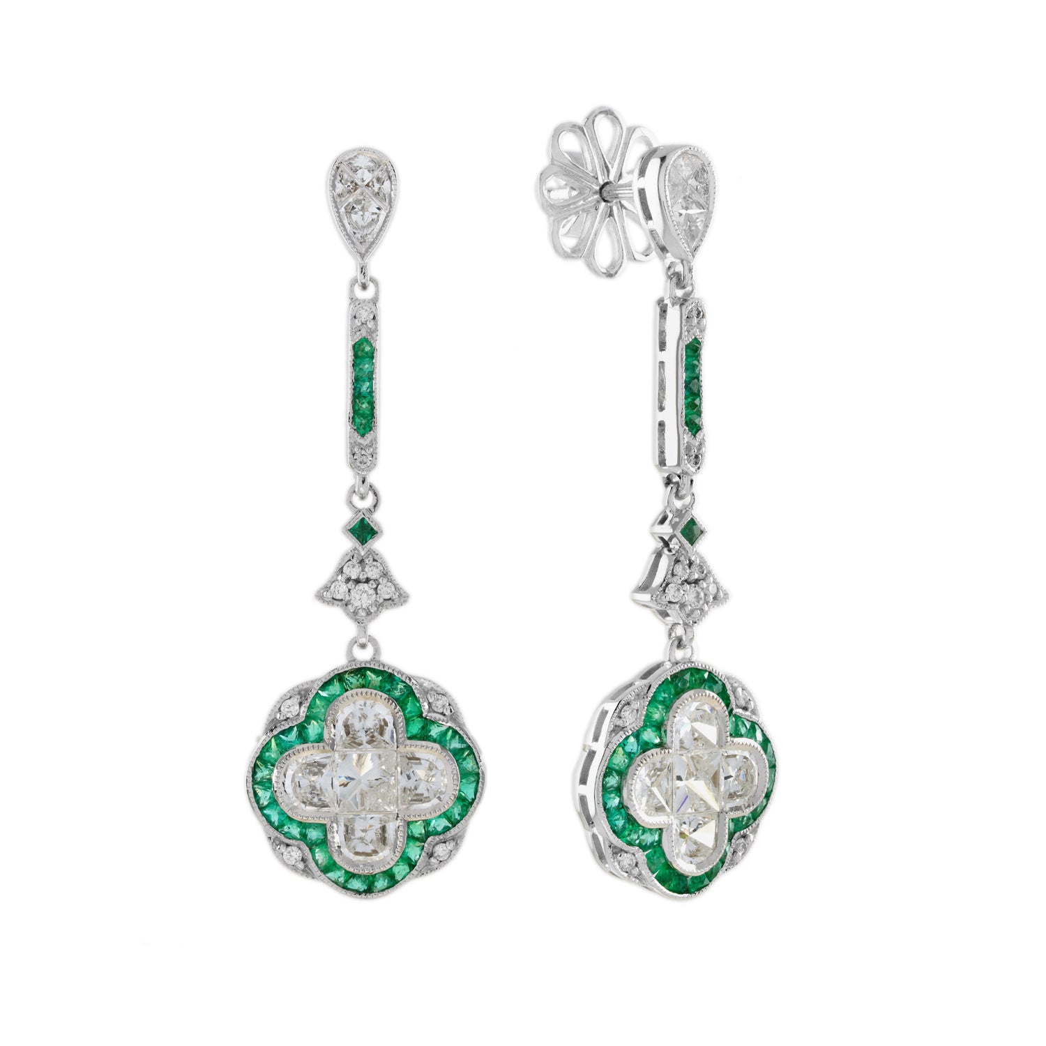 Diamond &amp; Green Emerald Art Deco Style Lily Shape Drop Dangle Gold Earrings
