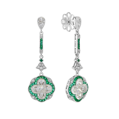 Diamond &amp; Green Emerald Art Deco Style Lily Shape Drop Dangle Gold Earrings