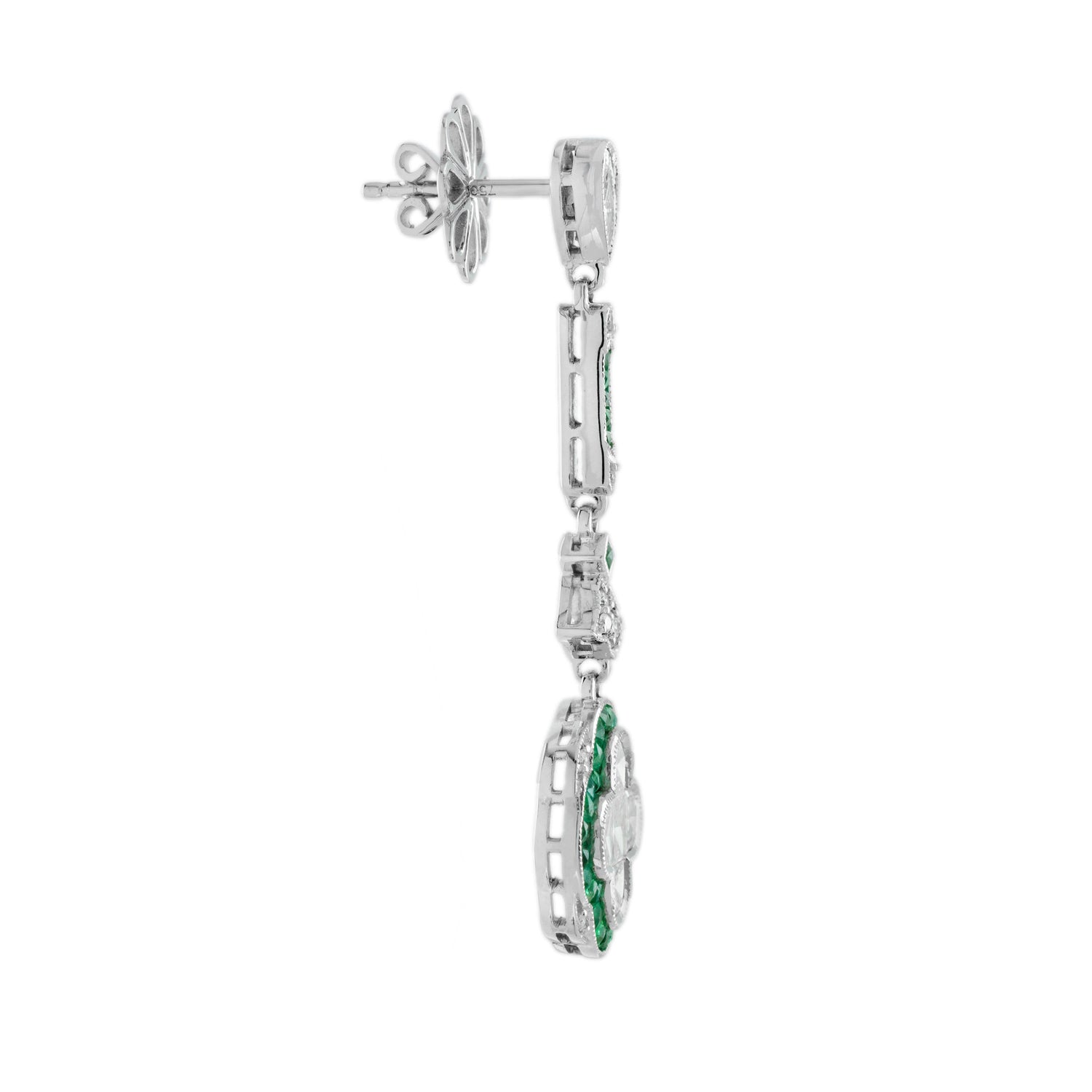 Diamond &amp; Green Emerald Art Deco Style Lily Shape Drop Dangle Gold Earrings