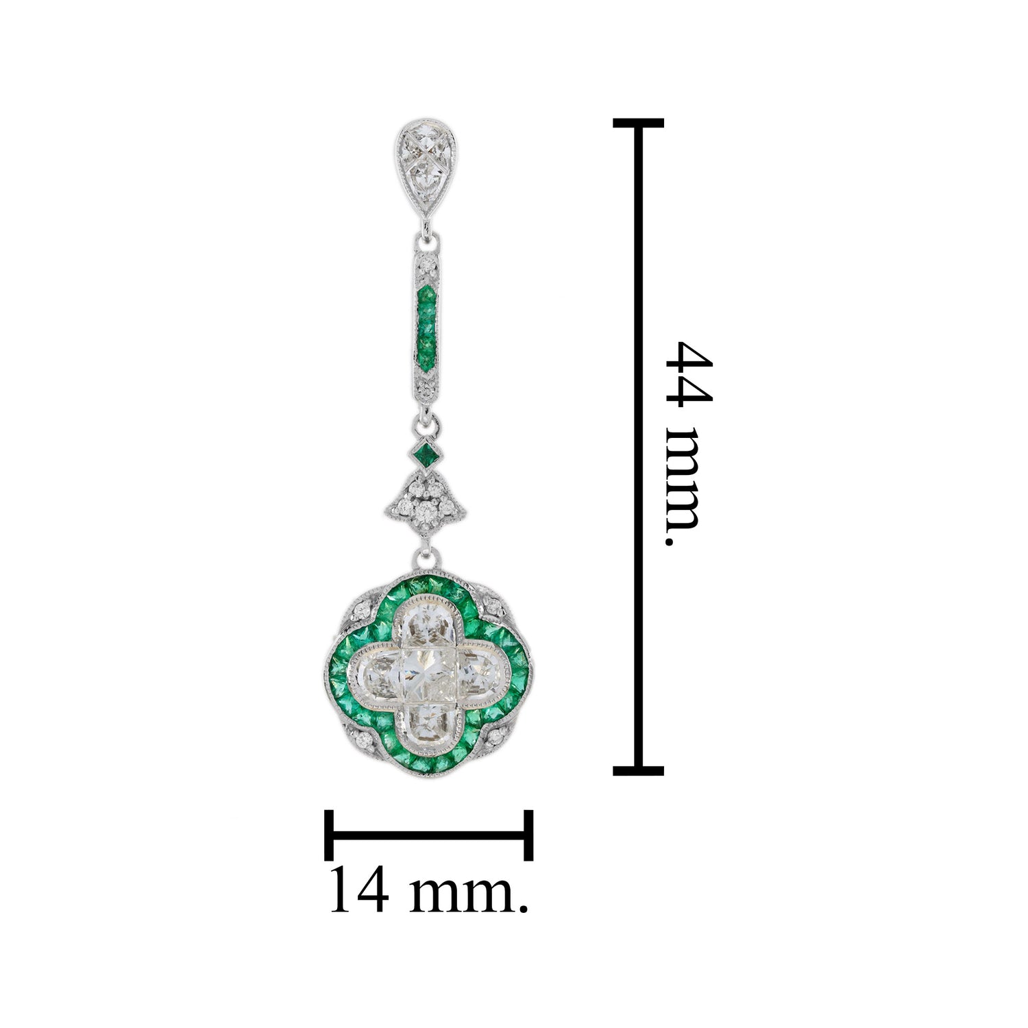 Diamond &amp; Green Emerald Art Deco Style Lily Shape Drop Dangle Gold Earrings