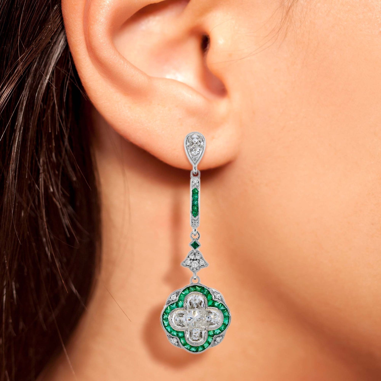 Diamond &amp; Green Emerald Art Deco Style Lily Shape Drop Dangle Gold Earrings