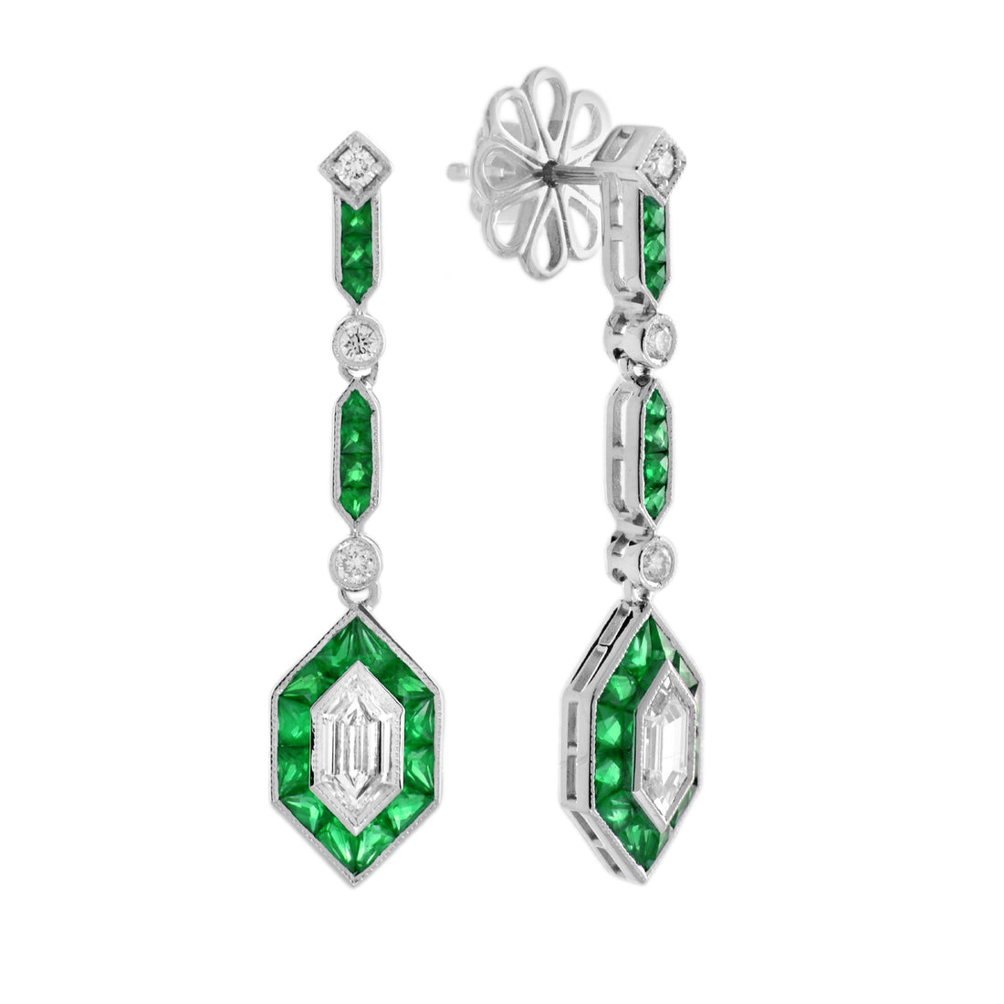 Bullet Diamond & Green Emerald Art Deco Style Drop 14K White Gold Earrings