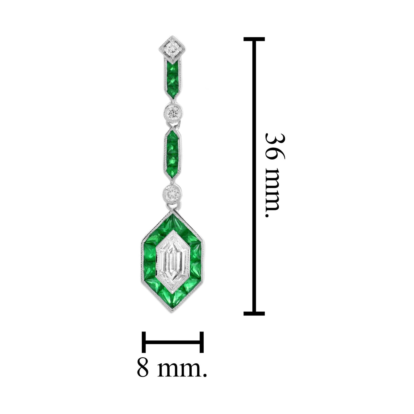 bullet diamond & green emerald art deco style drop 14k white gold earrings