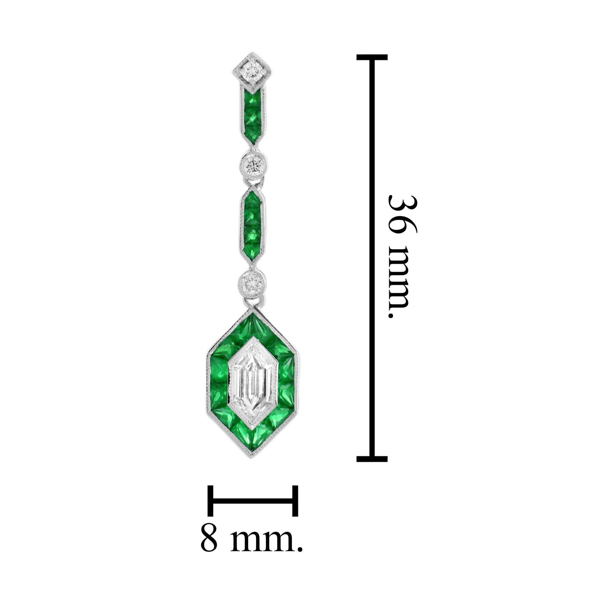 Bullet Diamond & Green Emerald Art Deco Style Drop 14K White Gold Earrings