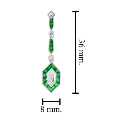 Bullet Diamond & Green Emerald Art Deco Style Drop 14K White Gold Earrings