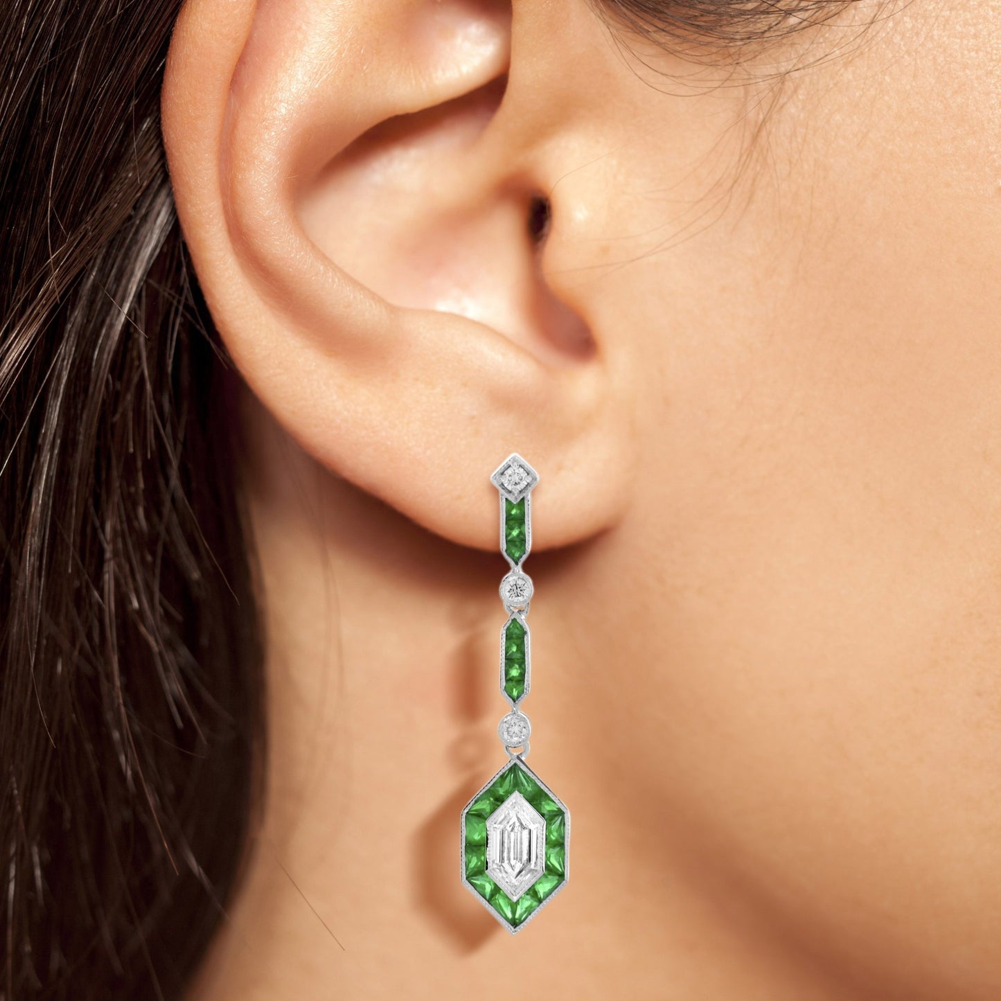 bullet diamond & green emerald art deco style drop 14k white gold earrings
