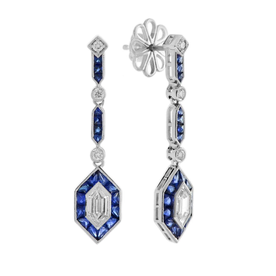 Hexagon Diamond &amp; Blue Sapphire Art Deco Style Drop White Gold Earrings