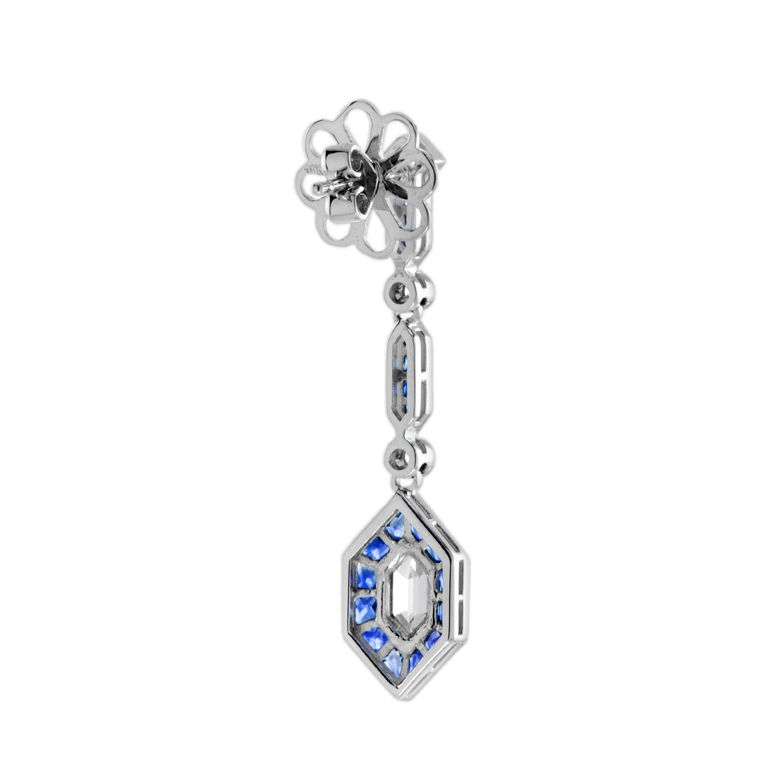 Hexagon Diamond &amp; Blue Sapphire Art Deco Style Drop White Gold Earrings