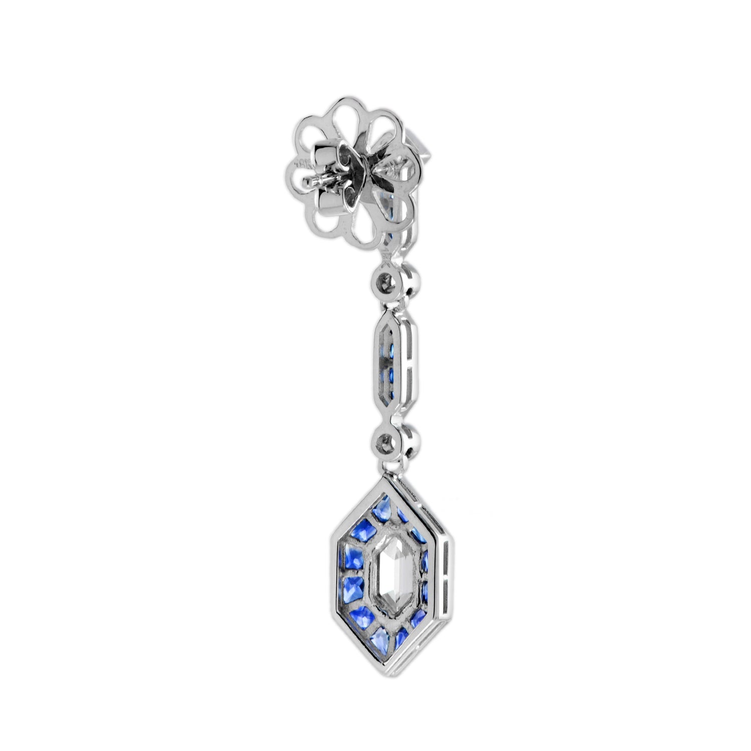 Hexagon Diamond &amp; Blue Sapphire Art Deco Style Drop White Gold Earrings