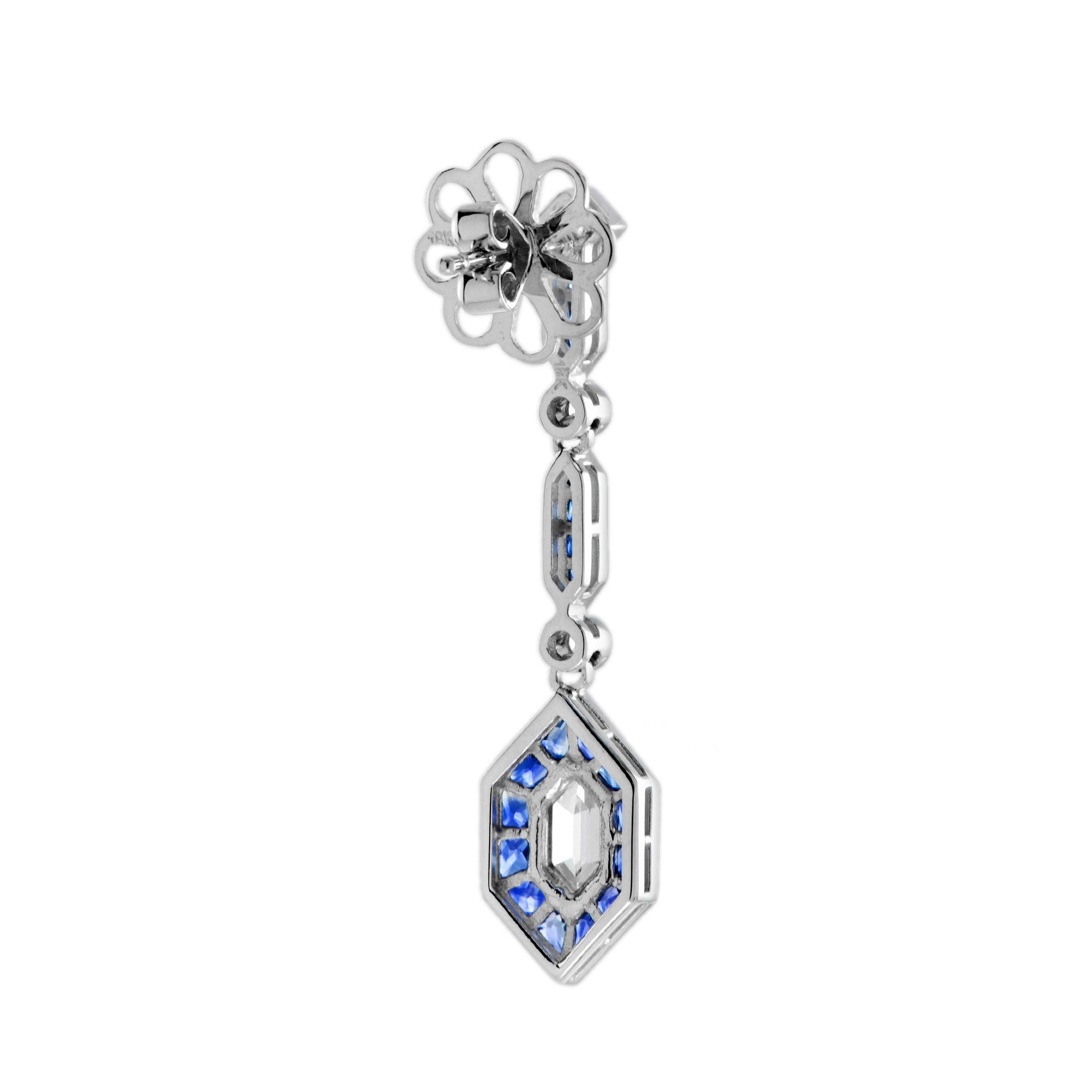 Hexagon Diamond &amp; Blue Sapphire Art Deco Style Drop White Gold Earrings
