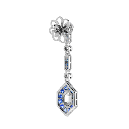 Hexagon Diamond &amp; Blue Sapphire Art Deco Style Drop White Gold Earrings