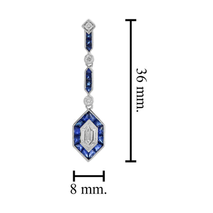 Hexagon Diamond &amp; Blue Sapphire Art Deco Style Drop White Gold Earrings