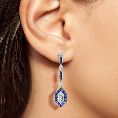 Hexagon Diamond &amp; Blue Sapphire Art Deco Style Drop White Gold Earrings