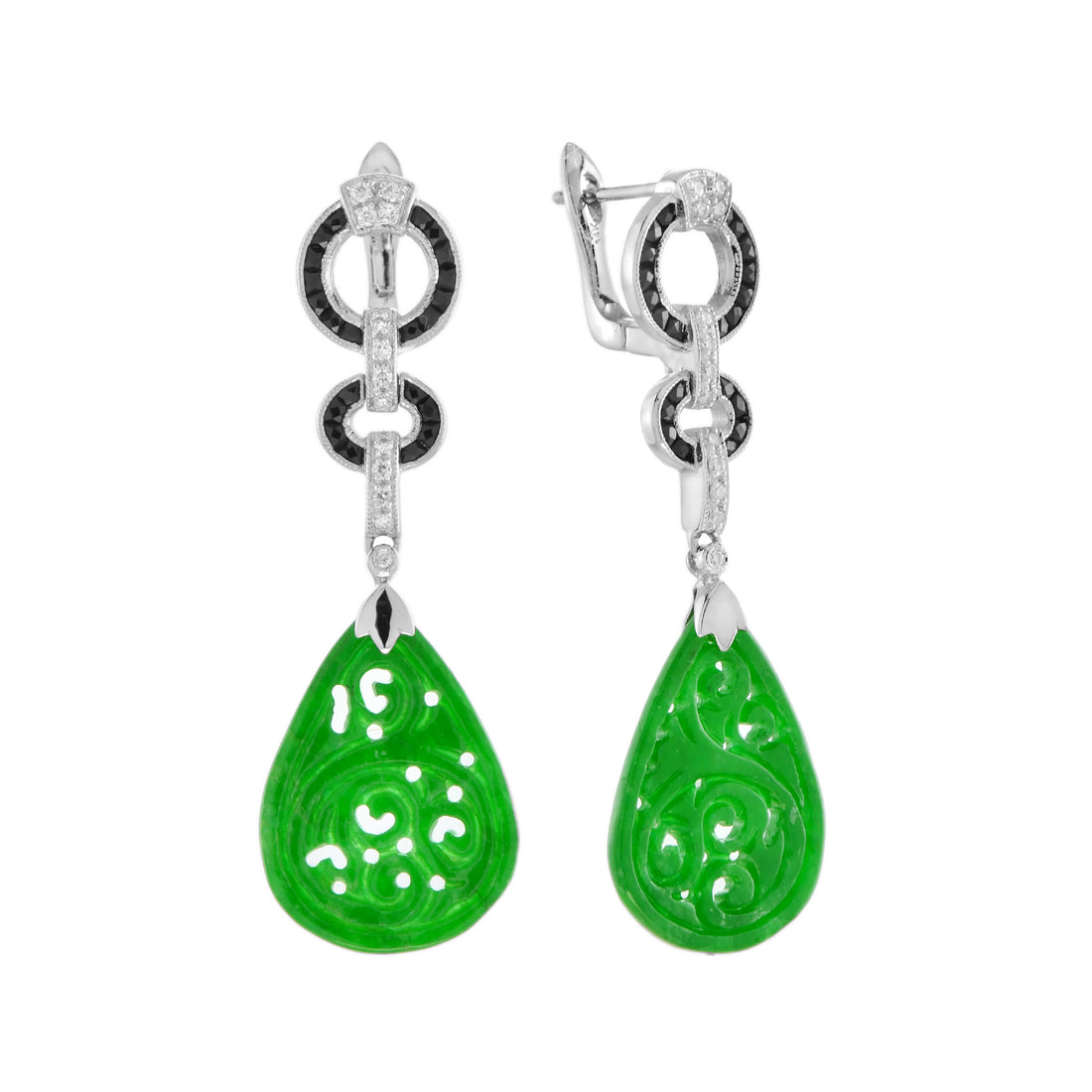 Carved Green Jade &amp; Onyx Diamond Art Deco Style Dangle 14K White Gold Earrings