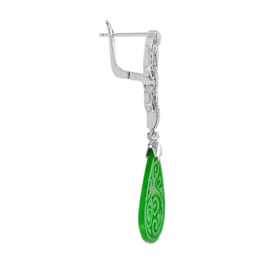 Carved Green Jade &amp; Onyx Diamond Art Deco Style Dangle 14K White Gold Earrings