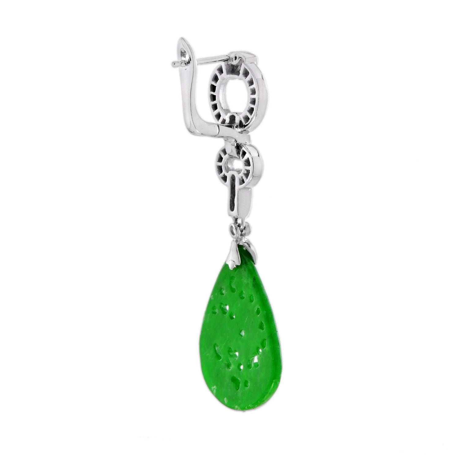 Carved Green Jade &amp; Onyx Diamond Art Deco Style Dangle 14K White Gold Earrings