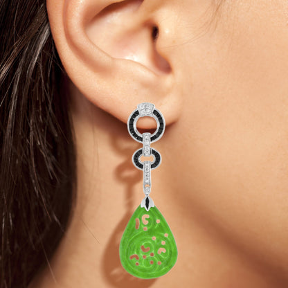 Carved Green Jade &amp; Onyx Diamond Art Deco Style Dangle 14K White Gold Earrings