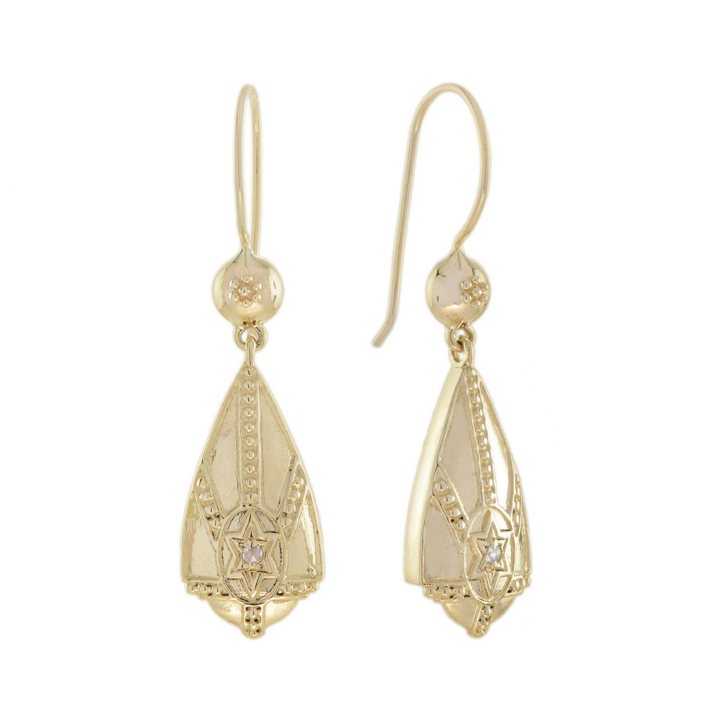 Vintage Style Star Motif Diamond Drop Earrings in 9K Yellow Gold