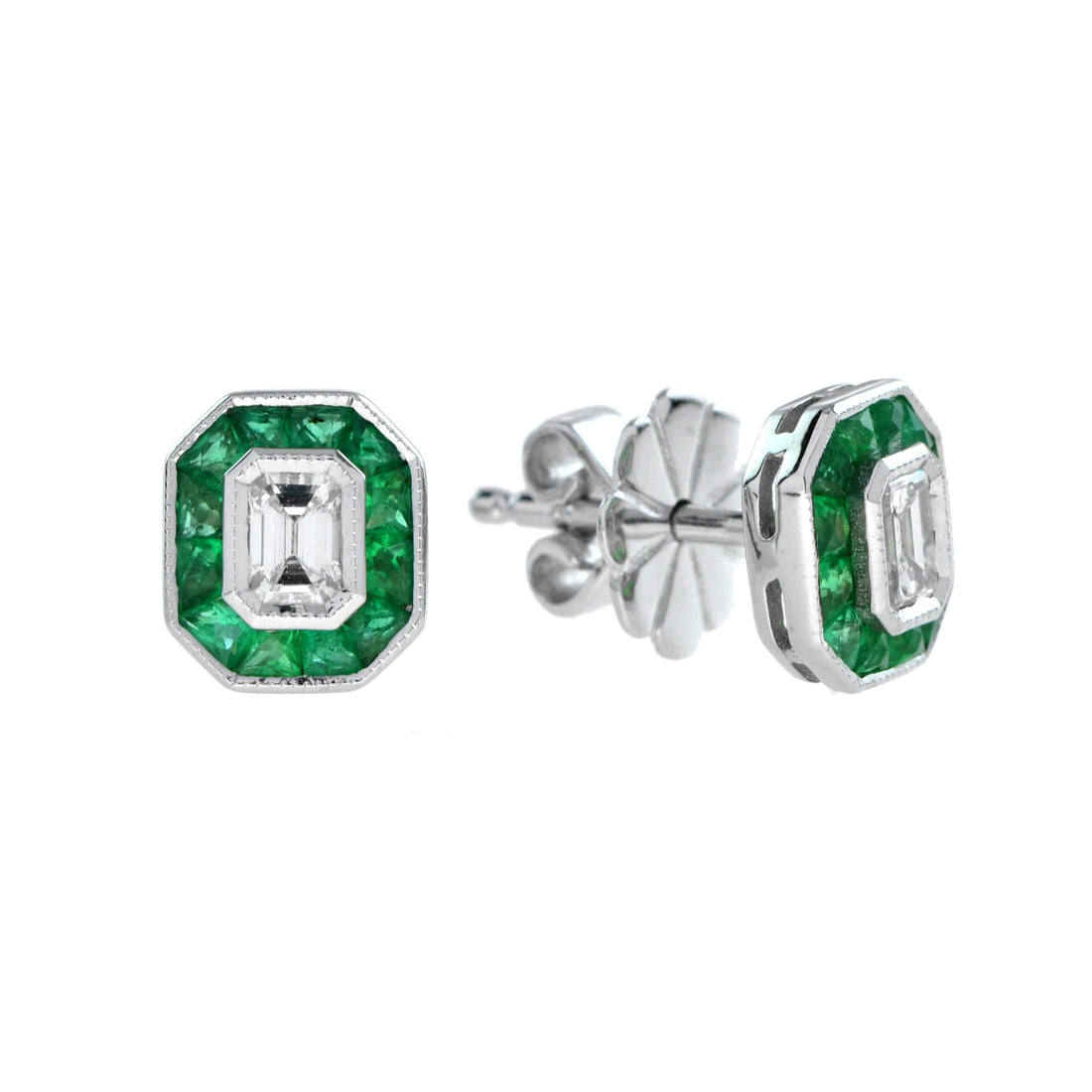 Certified Emerald Cut Diamond Emerald Halo Stud 14K White Gold Earrings