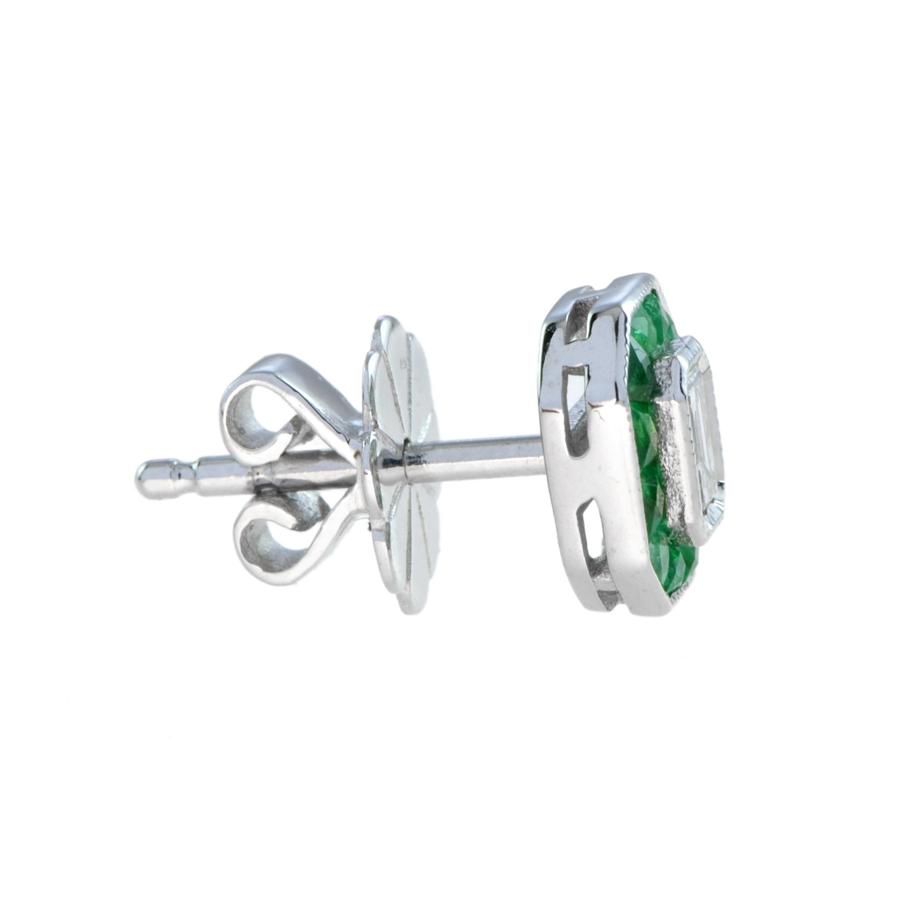 Certified Emerald Cut Diamond Emerald Halo Stud 14K White Gold Earrings