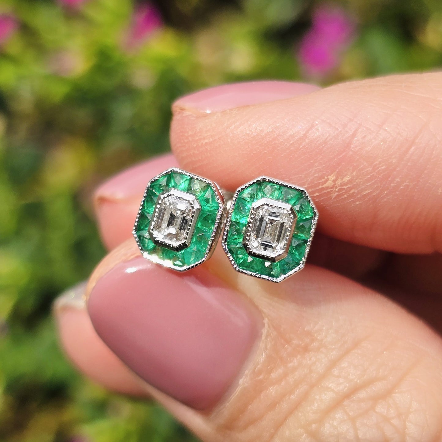 certified emerald cut diamond emerald halo stud 14k white gold earrings