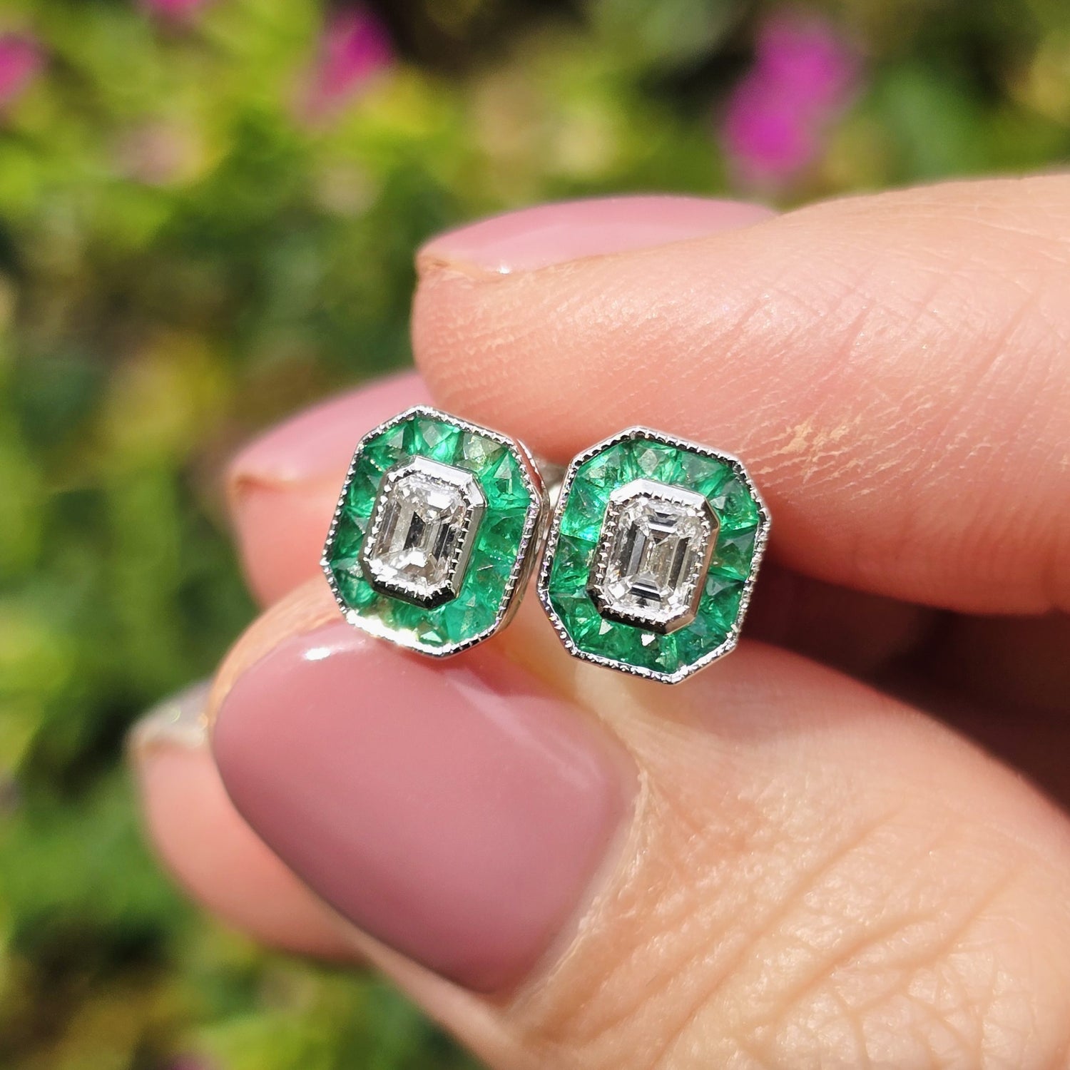 Certified Emerald Cut Diamond Emerald Halo Stud 14K White Gold Earrings