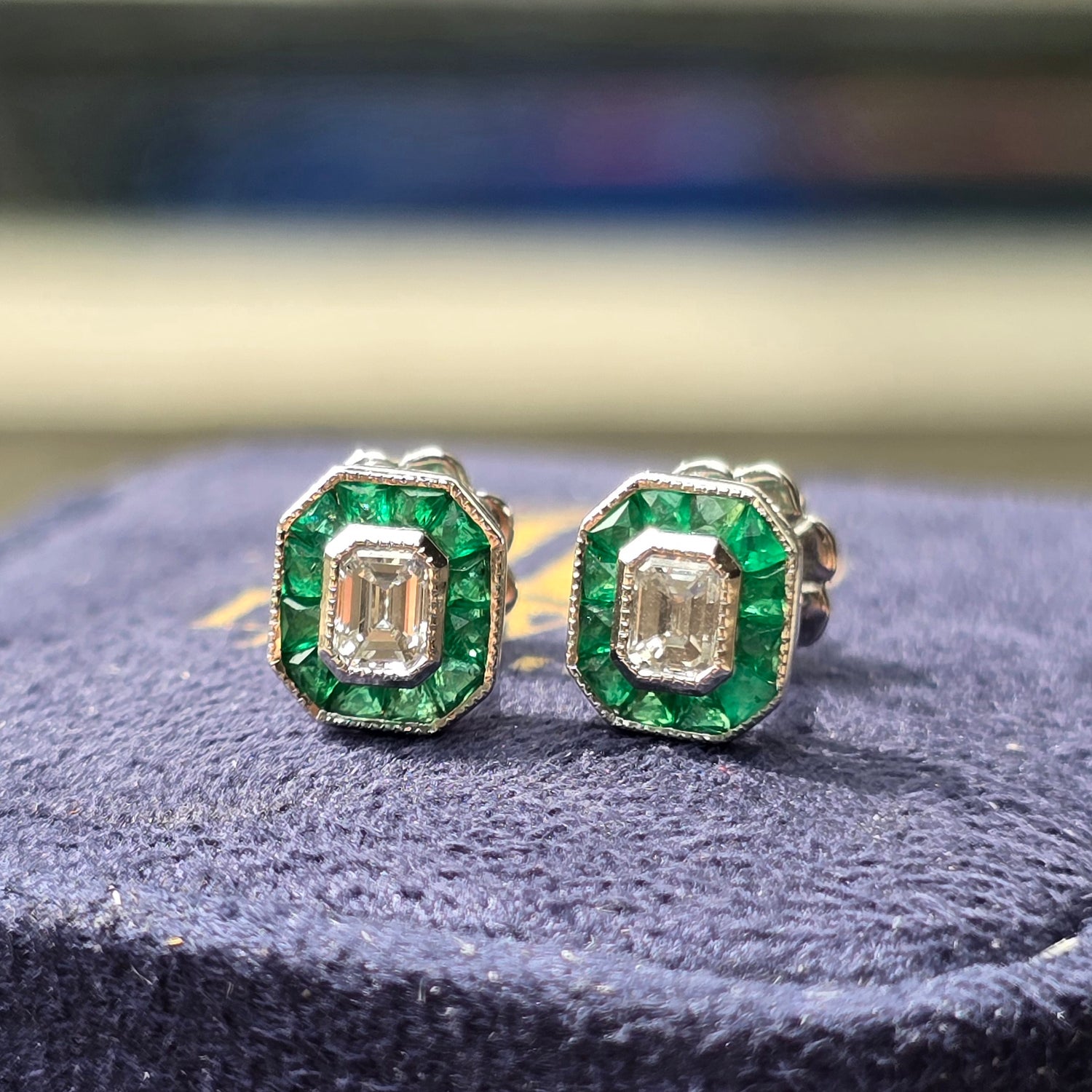 Certified Emerald Cut Diamond Emerald Halo Stud 14K White Gold Earrings