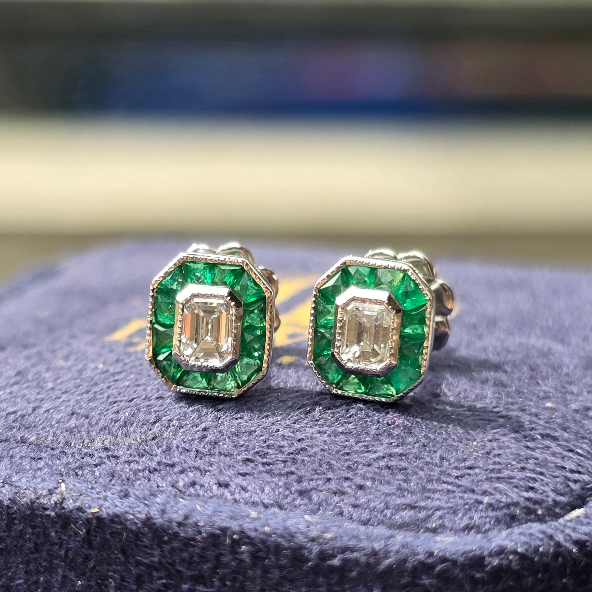 Certified Emerald Cut Diamond Emerald Halo Stud 14K White Gold Earrings