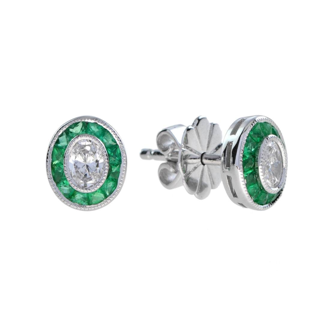 Diamond & Green Emerald Art Deco Style Target 14K White Gold Stud Earrings