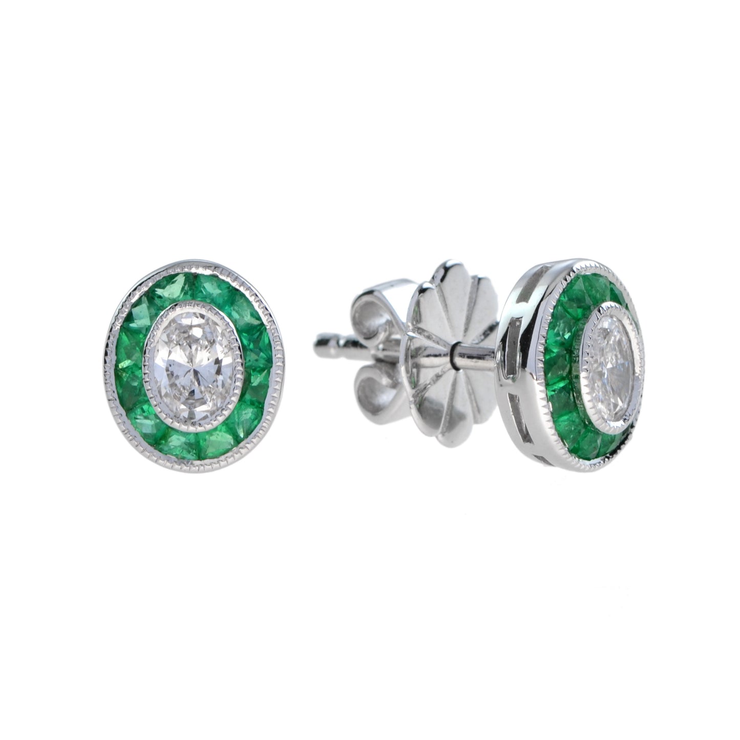 diamond & green emerald art deco style target 14k white gold stud earrings