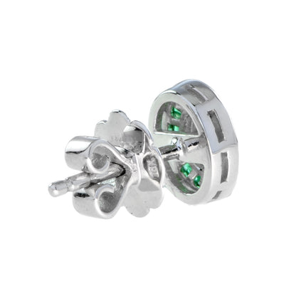 Diamond & Green Emerald Art Deco Style Target 14K White Gold Stud Earrings