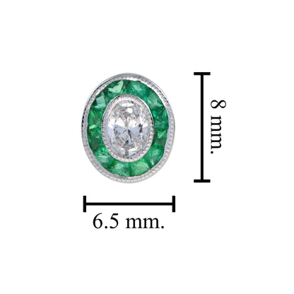 Diamond & Green Emerald Art Deco Style Target 14K White Gold Stud Earrings