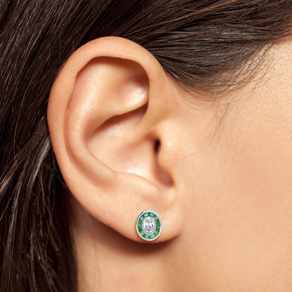 Diamond & Green Emerald Art Deco Style Target 14K White Gold Stud Earrings