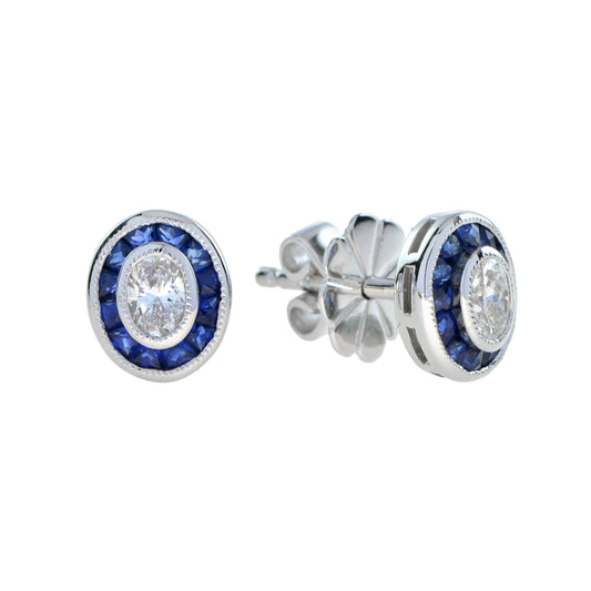 Art Deco Style Oval Diamonds with Blue Sapphire Stud 14K White Gold Earrings