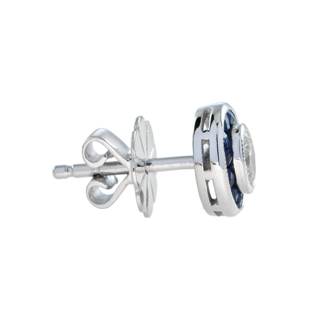 Art Deco Style Oval Diamonds with Blue Sapphire Stud 14K White Gold Earrings