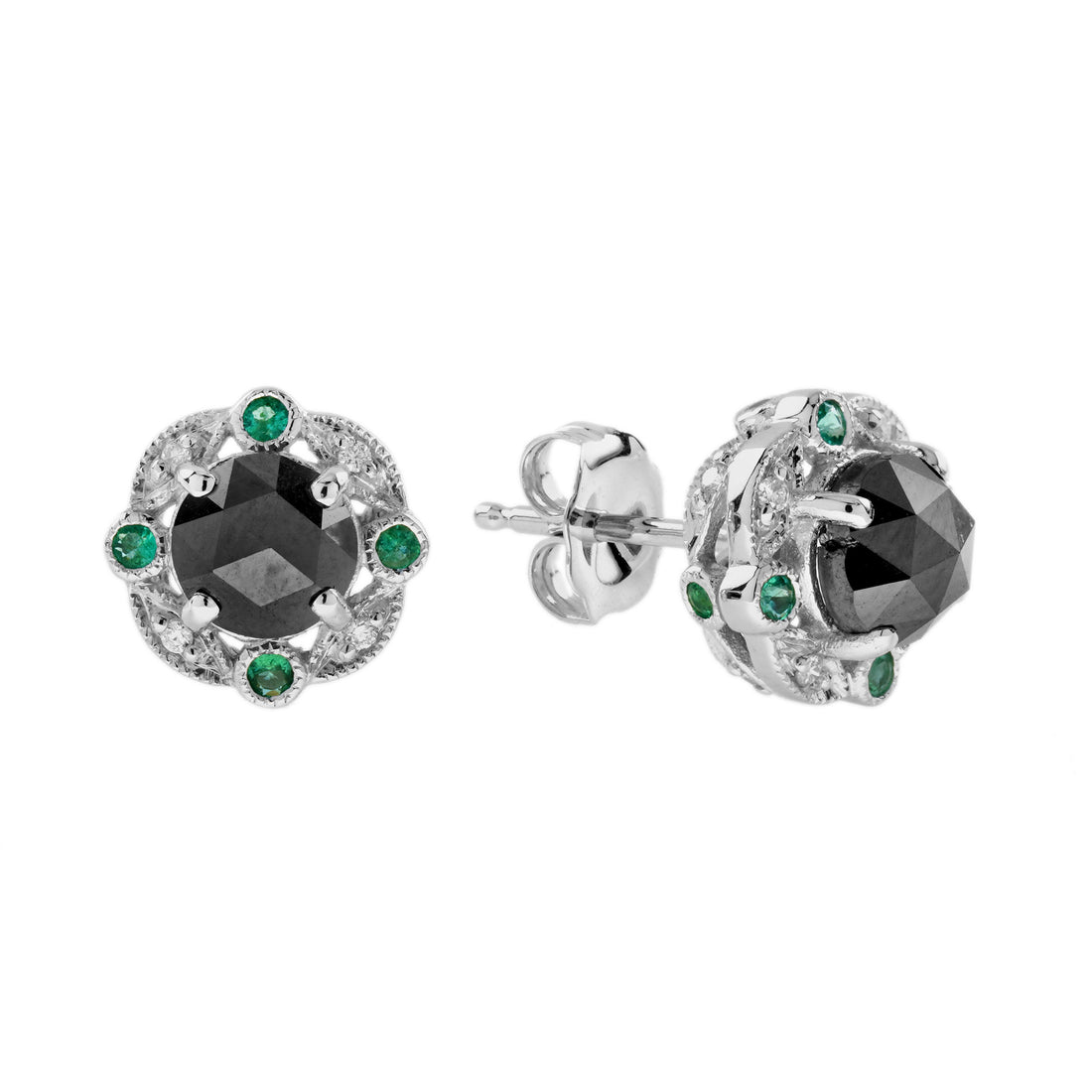 Round Black Diamond & Emerald Art Deco Inspired 14K White Gold Stud Earrings
