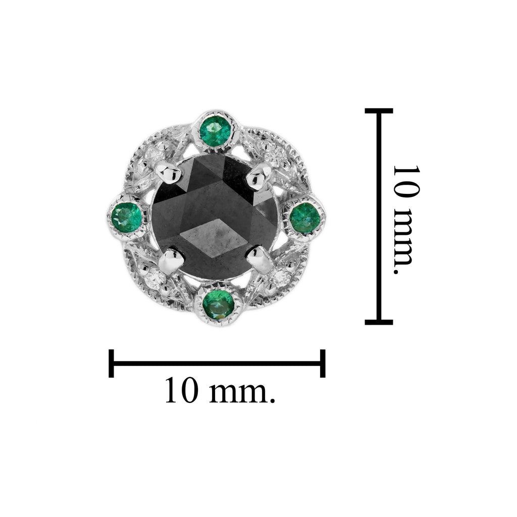 Round Black Diamond & Emerald Art Deco Inspired 14K White Gold Stud Earrings