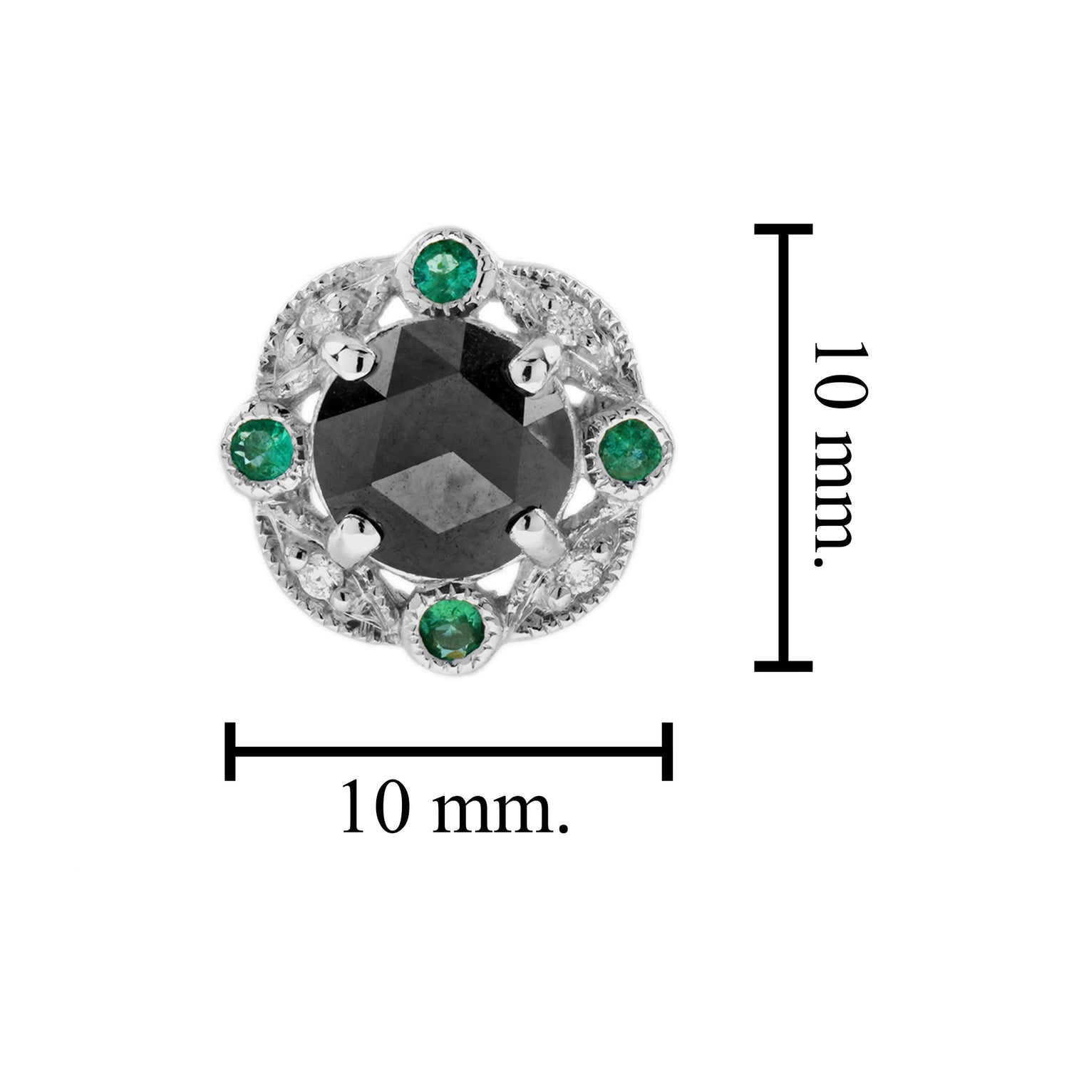 Round Black Diamond &amp; Emerald Art Deco Inspired 14K White Gold Stud Earrings